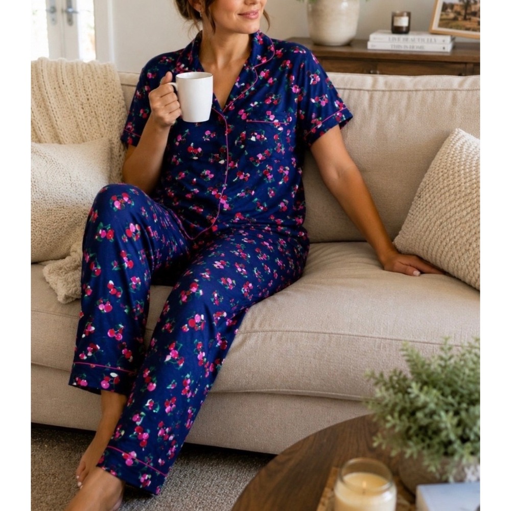 Kate Spade Pajama Set Women XL Navy Blue Cherry Print Button Down Shirt Pants